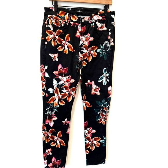 7 for all Mankind Black Tropical Floral Print Skinny Jeans Size 30 - Picture 3 of 9